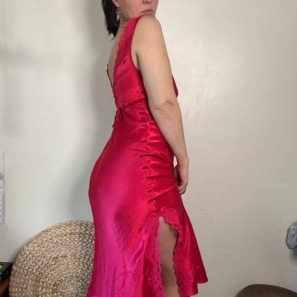 Vintage California Dynasty Red Satin Lace Lingerie Slip Dress w/ Leg Slit Sz S - Picture 5 of 10